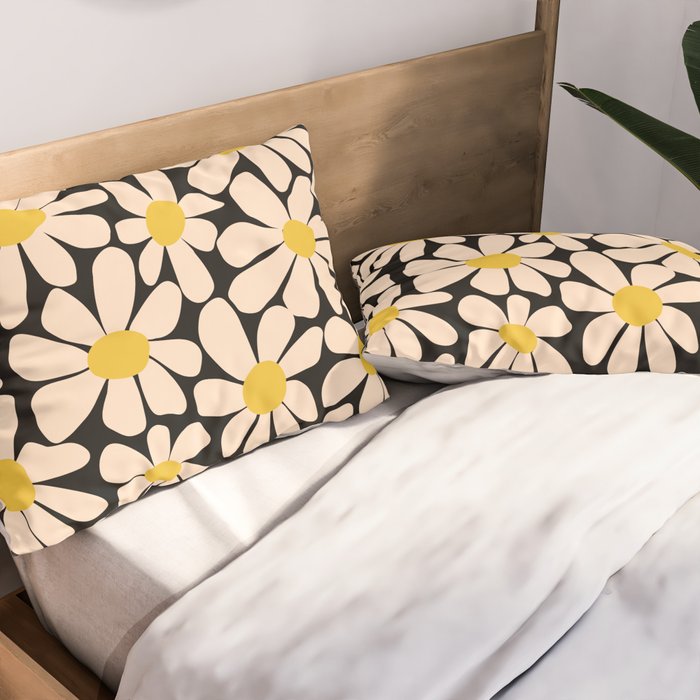 Retro Fun Floral - Off-white, Yellow and Black Pillow Sham Gallery Image 2