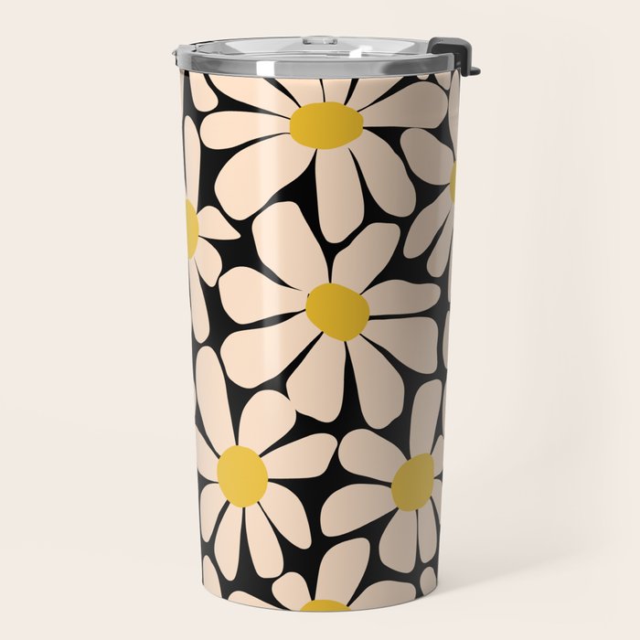 Retro Fun Floral - Off-white, Yellow and Black Travel Mug Gallery Image 2