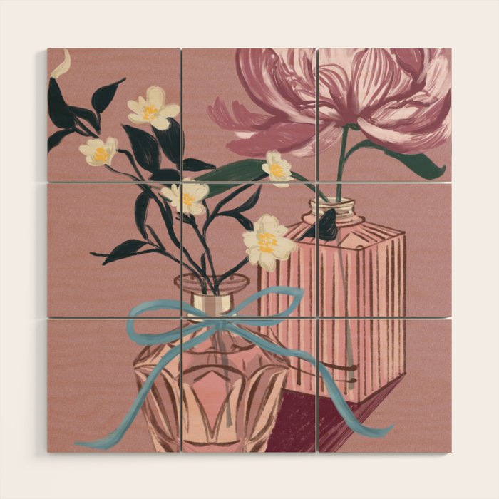 Vintage Perfume Bottles with Flowers Wood Wall Art Gallery Image 1