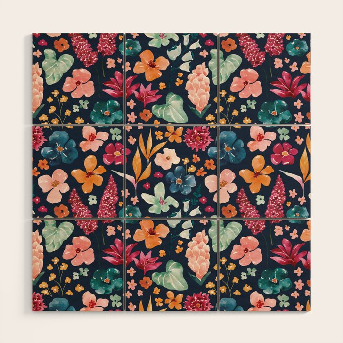 Colorful Tropical Jungle Watercolor Botanical Floral on Navy Blue Wood Wall Art Gallery Image 1