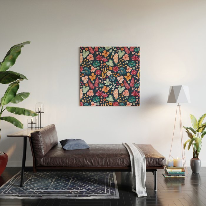 Colorful Tropical Jungle Watercolor Botanical Floral on Navy Blue Wood Wall Art Gallery Image 2