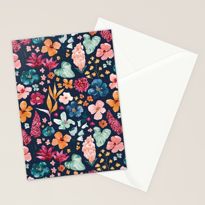 Colorful Tropical Jungle Watercolor Botanical Floral on Navy Blue Stationery Card Gallery Image 2
