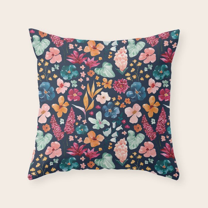 Colorful Tropical Jungle Watercolor Botanical Floral on Navy Blue Throw Pillow Gallery Image 6