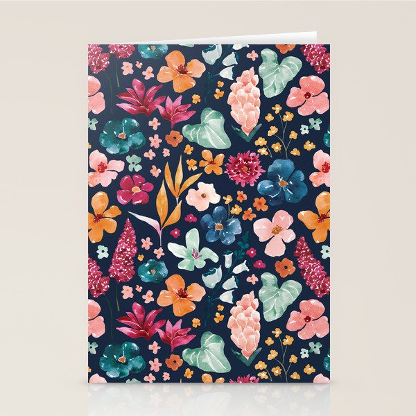 Colorful Tropical Jungle Watercolor Botanical Floral on Navy Blue Stationery Card Gallery Image 2