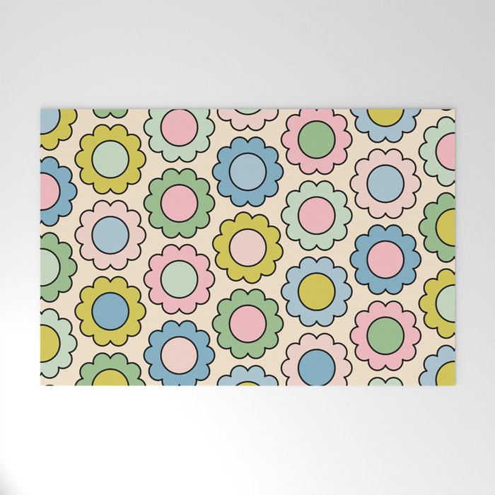 Retro Pastel Flowers Happy Spring Pattern Welcome Mat Gallery Image 1