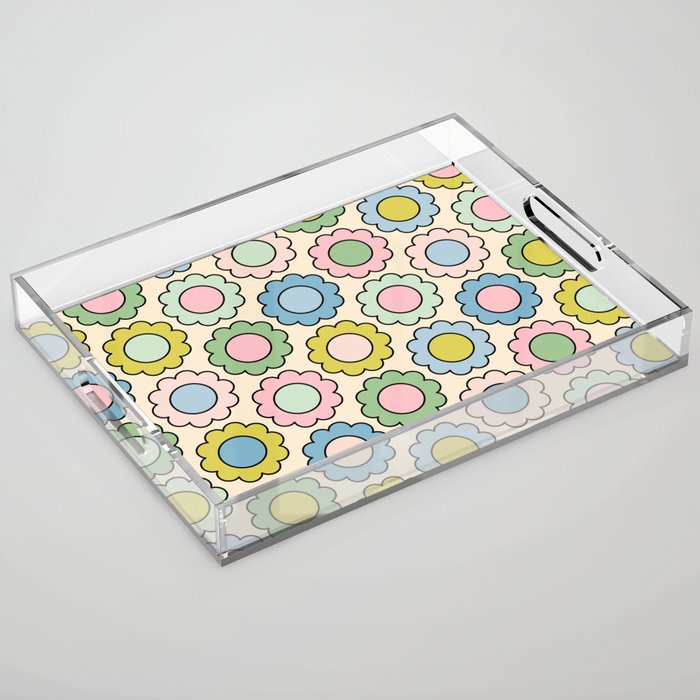 Retro Pastel Flowers Happy Spring Pattern Acrylic Tray Gallery Image 1