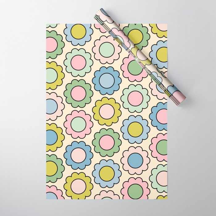 Retro Pastel Flowers Happy Spring Pattern Wrapping Paper Gallery Image 1