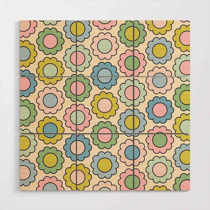 Retro Pastel Flowers Happy Spring Pattern Wood Wall Art Gallery Image 1