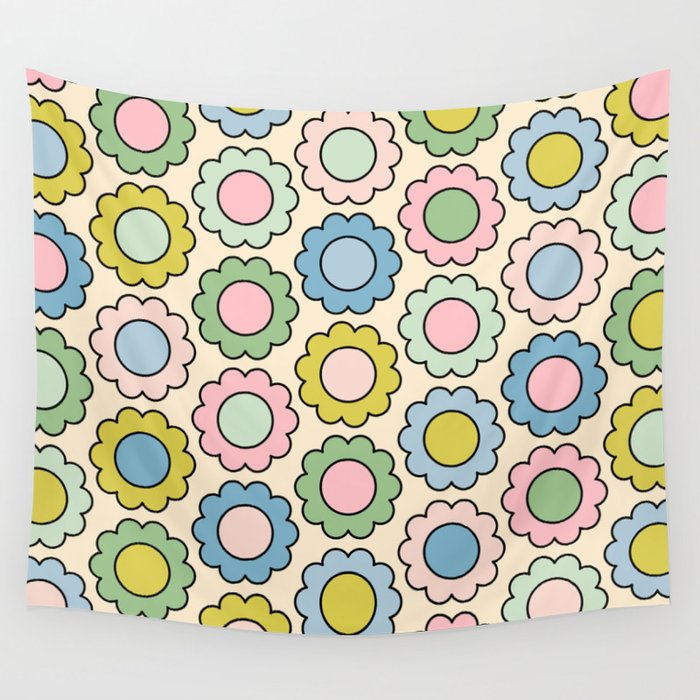 Retro Pastel Flowers Happy Spring Pattern Wall Tapestry Gallery Image 4