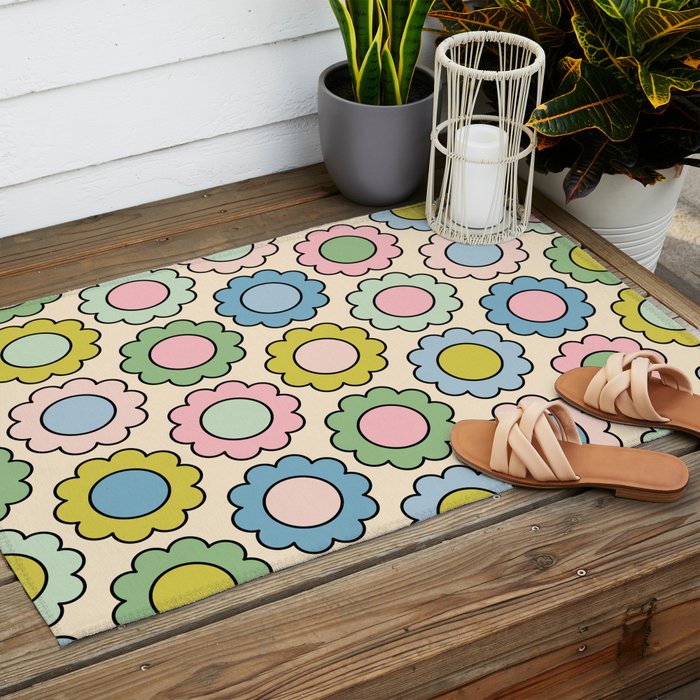 Retro Pastel Flowers Happy Spring Pattern Outdoor Rug Gallery Image 2