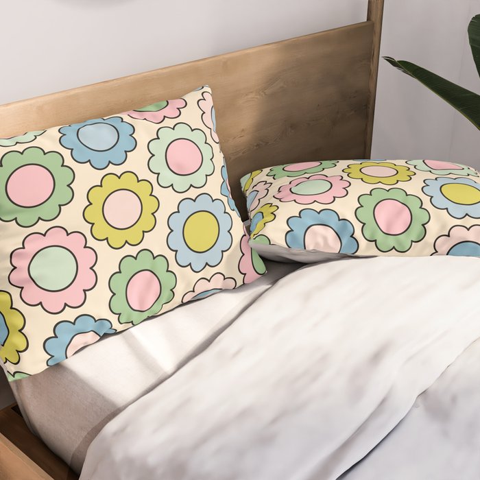 Retro Pastel Flowers Happy Spring Pattern Pillow Sham Gallery Image 2