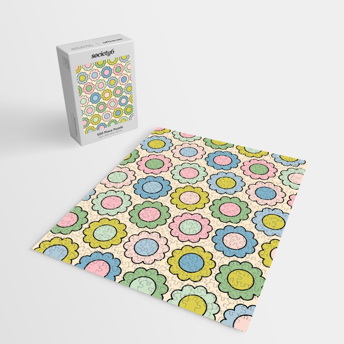 Retro Pastel Flowers Happy Spring Pattern Jigsaw Puzzle Gallery Image 2