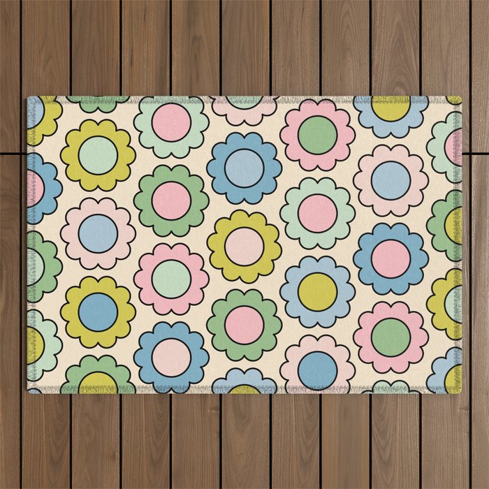 Retro Pastel Flowers Happy Spring Pattern Outdoor Rug Gallery Image 1