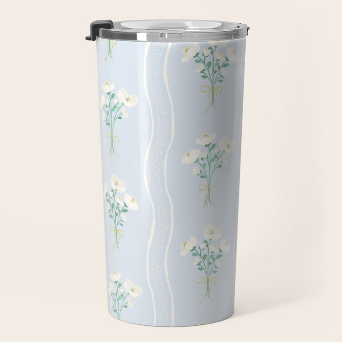 Delicate floral bouquets with vertical stripes - white jade green blue pattern Travel Mug Gallery Image 3