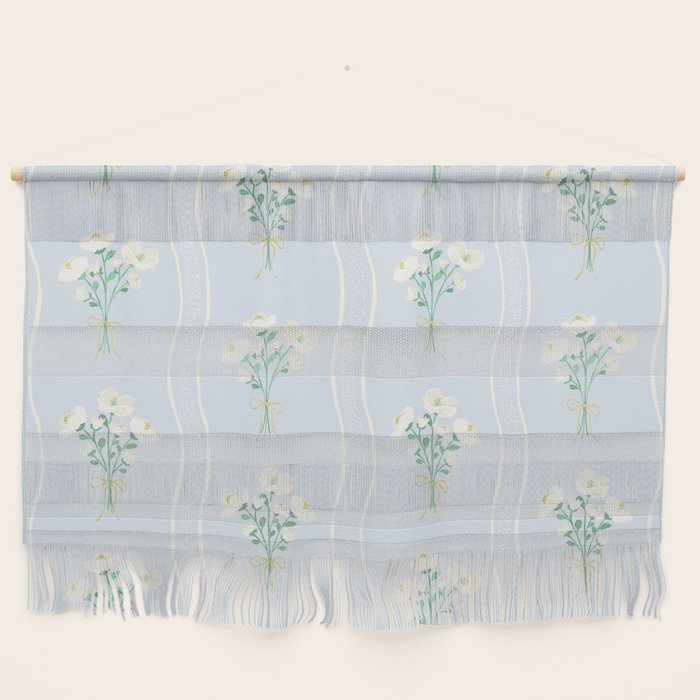 Delicate floral bouquets with vertical stripes - white jade green blue pattern Wall Hanging