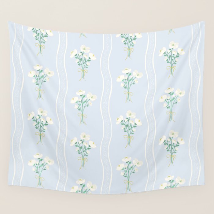Delicate floral bouquets with vertical stripes - white jade green blue pattern Wall Tapestry Gallery Image 1
