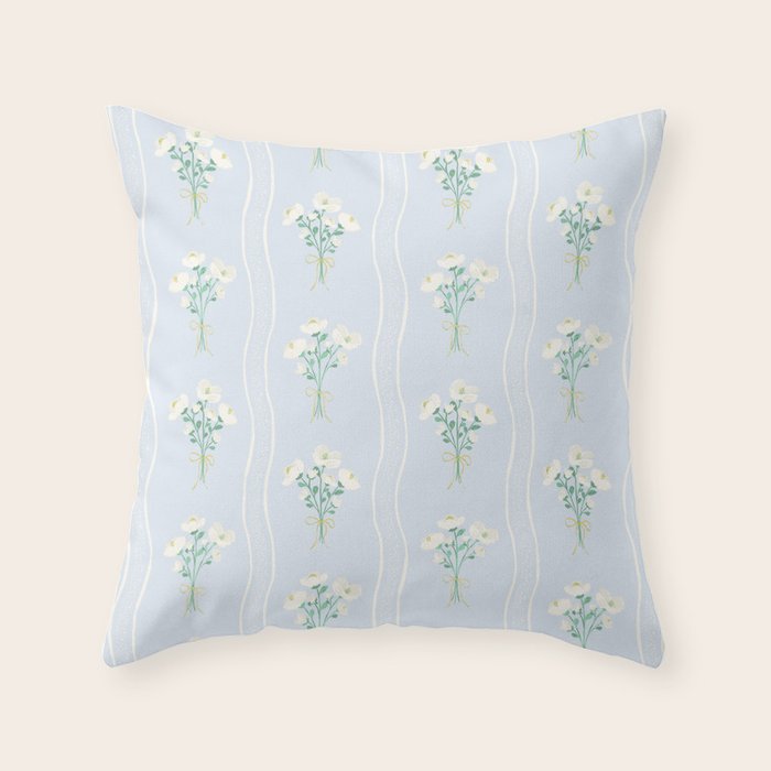 Delicate floral bouquets with vertical stripes - white jade green blue pattern Throw Pillow Gallery Image 1