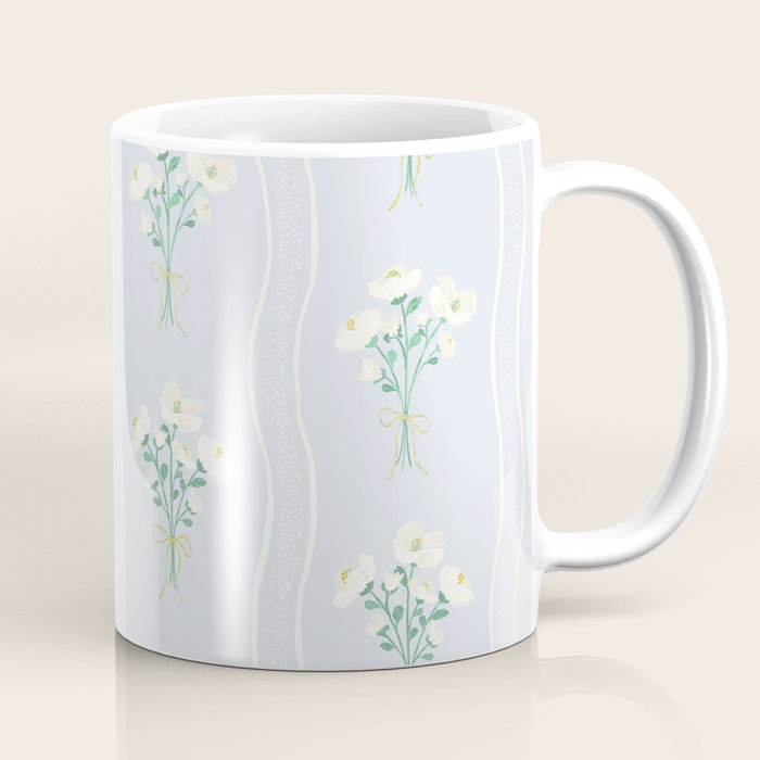 Delicate floral bouquets with vertical stripes - white jade green blue pattern Coffee Mug Gallery Image 1