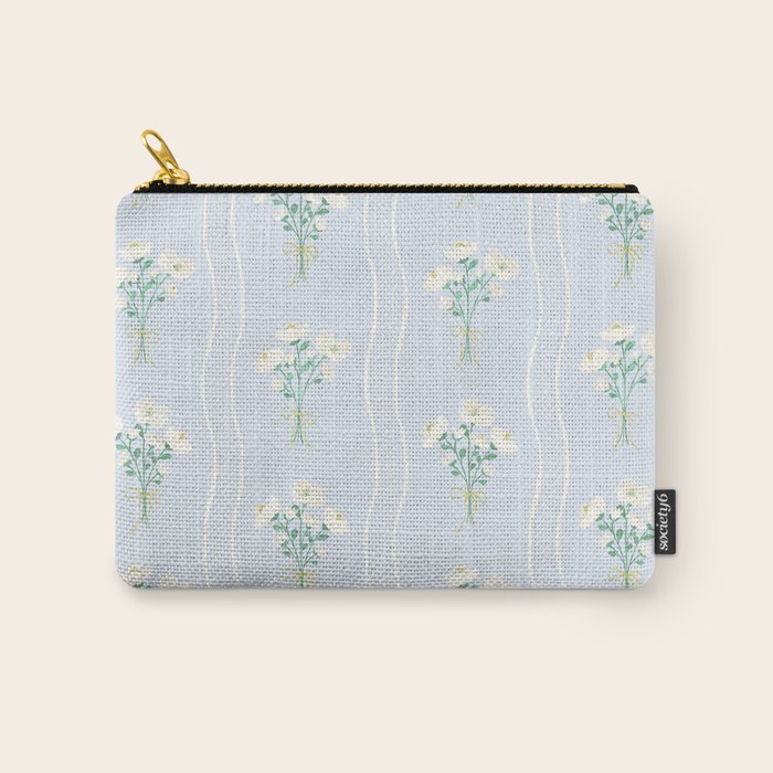 Delicate floral bouquets with vertical stripes - white jade green blue pattern Carry All Pouch Gallery Image 1