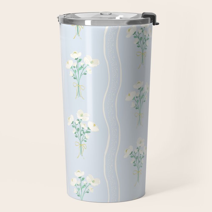 Delicate floral bouquets with vertical stripes - white jade green blue pattern Travel Mug Gallery Image 2