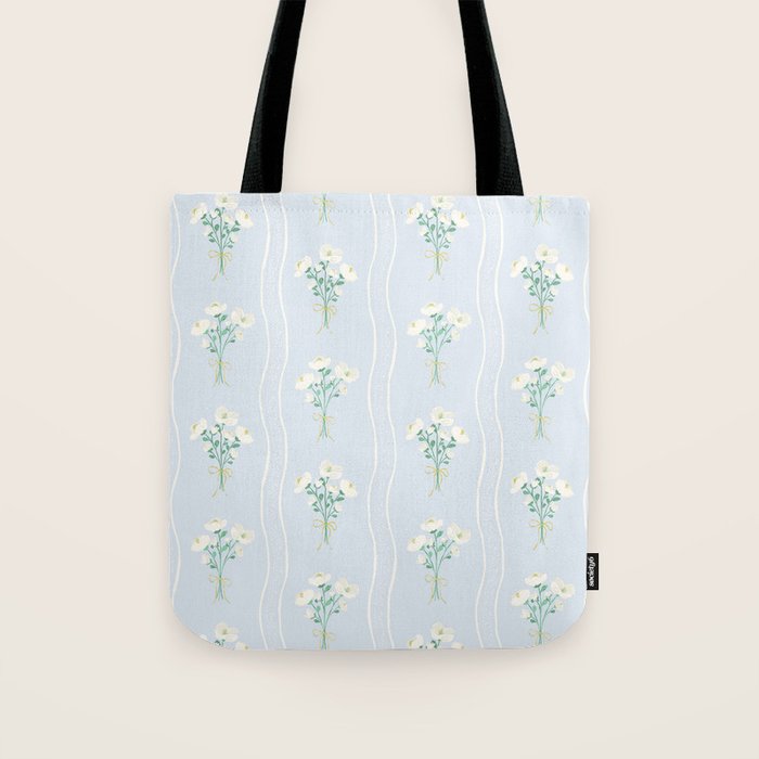 Delicate floral bouquets with vertical stripes - white jade green blue pattern Tote Bag Gallery Image 1