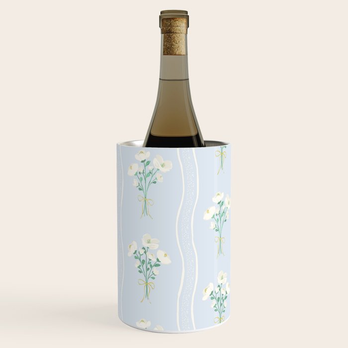 Delicate floral bouquets with vertical stripes - white jade green blue pattern Wine Chiller Gallery Image 2