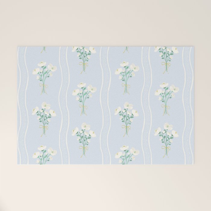 Delicate floral bouquets with vertical stripes - white jade green blue pattern Welcome Mat Gallery Image 1