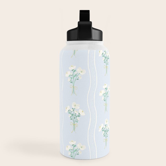 Delicate floral bouquets with vertical stripes - white jade green blue pattern Water Bottle Gallery Image 3