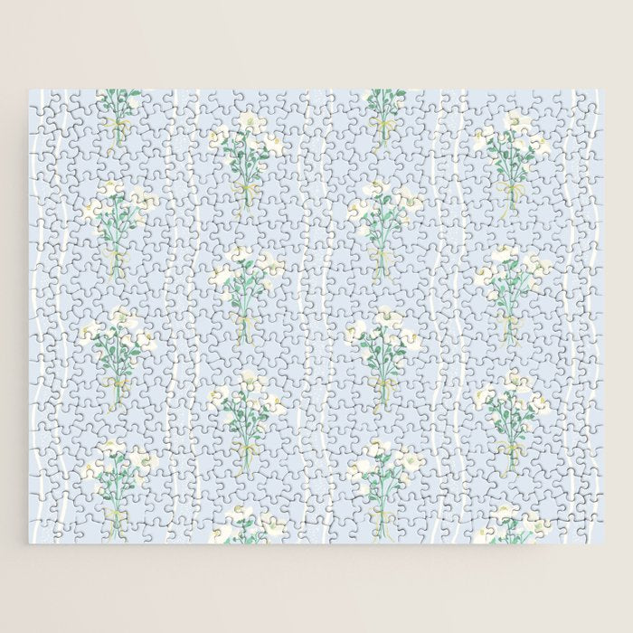 Delicate floral bouquets with vertical stripes - white jade green blue pattern Jigsaw Puzzle Gallery Image 1