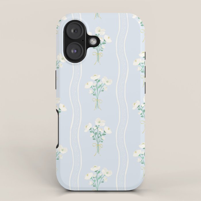 Delicate floral bouquets with vertical stripes - white jade green blue pattern iPhone Case Gallery Image 1