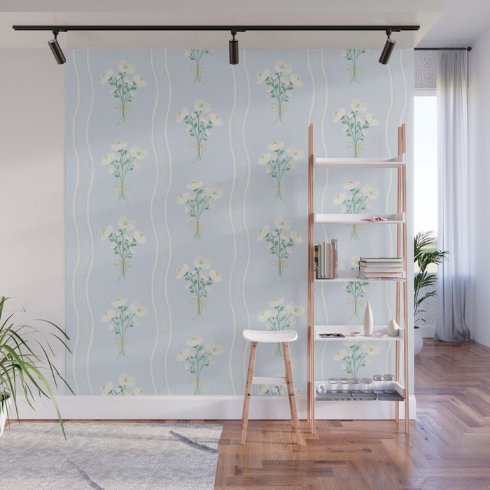 Delicate floral bouquets with vertical stripes - white jade green blue pattern Wall Mural Gallery Image 1
