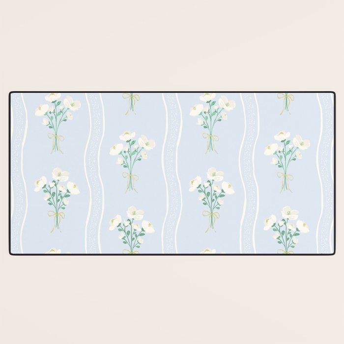 Delicate floral bouquets with vertical stripes - white jade green blue pattern Desk Mat Gallery Image 3