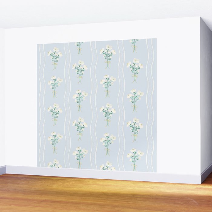 Delicate floral bouquets with vertical stripes - white jade green blue pattern Wall Mural Gallery Image 2
