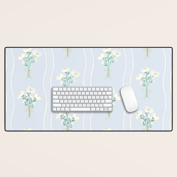 Delicate floral bouquets with vertical stripes - white jade green blue pattern Desk Mat Gallery Image 1