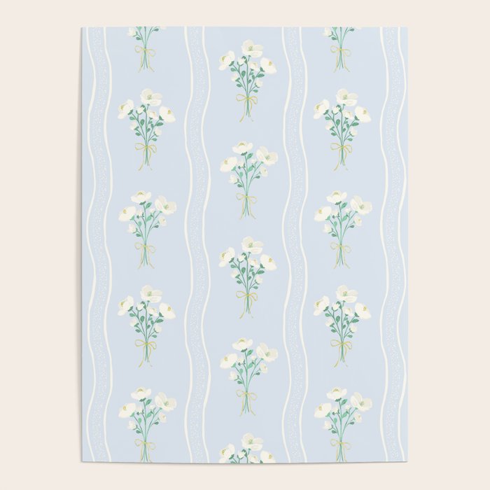 Delicate floral bouquets with vertical stripes - white jade green blue pattern Poster Gallery Image 1