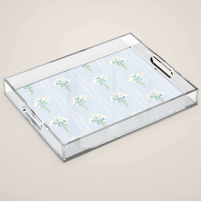 Delicate floral bouquets with vertical stripes - white jade green blue pattern Acrylic Tray Gallery Image 1