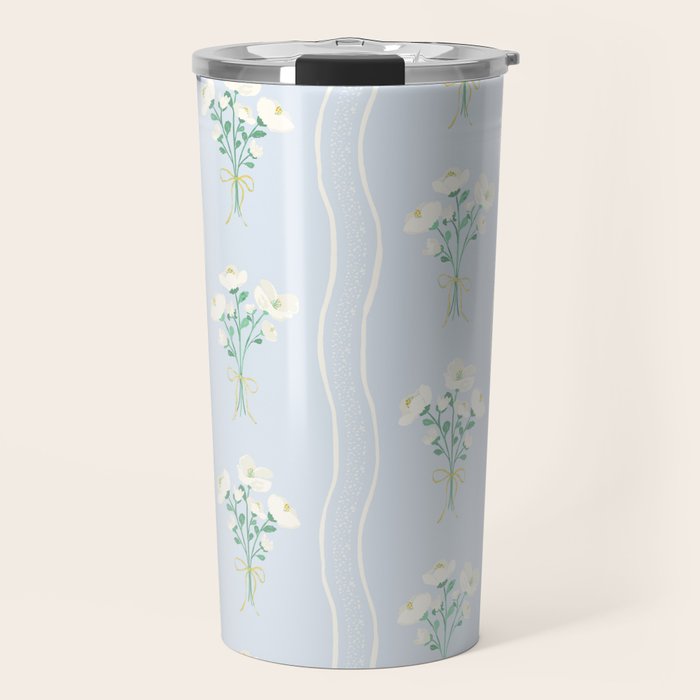 Delicate floral bouquets with vertical stripes - white jade green blue pattern Travel Mug Gallery Image 1