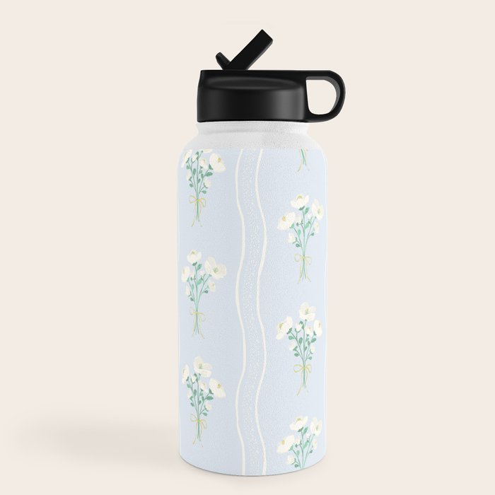Delicate floral bouquets with vertical stripes - white jade green blue pattern Water Bottle Gallery Image 4
