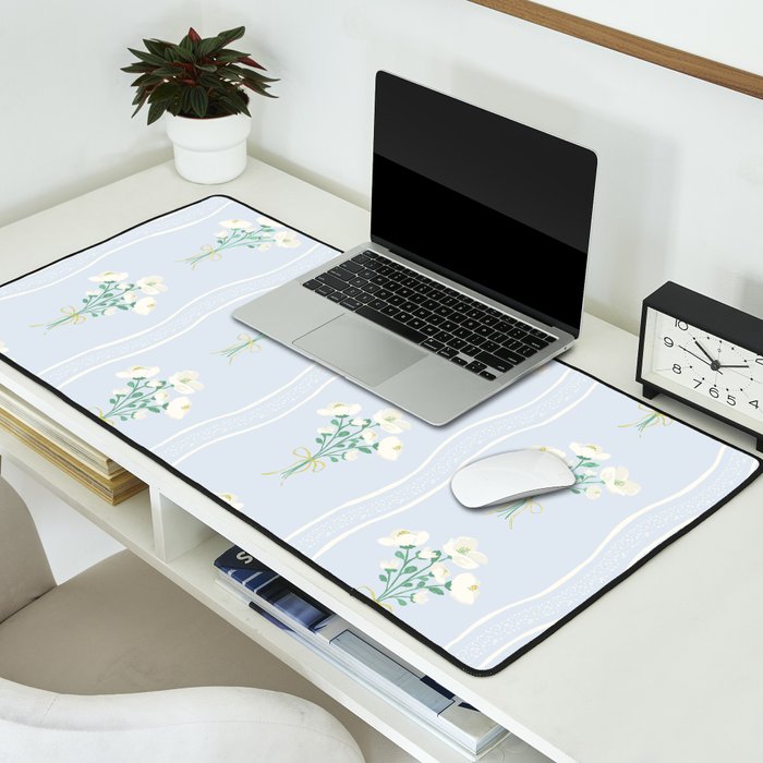 Delicate floral bouquets with vertical stripes - white jade green blue pattern Desk Mat Gallery Image 2