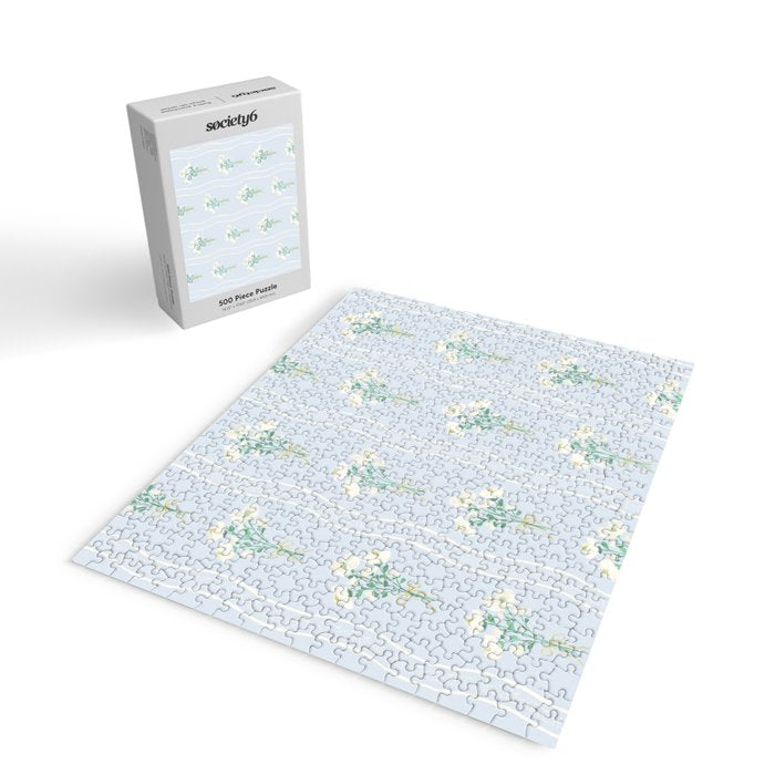 Delicate floral bouquets with vertical stripes - white jade green blue pattern Jigsaw Puzzle Gallery Image 2