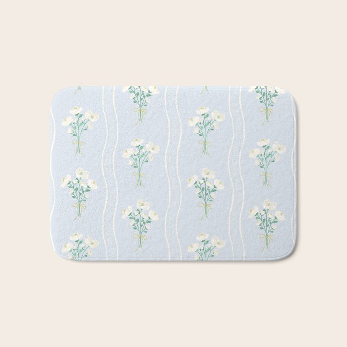 Delicate floral bouquets with vertical stripes - white jade green blue pattern Bath Mat Gallery Image 1