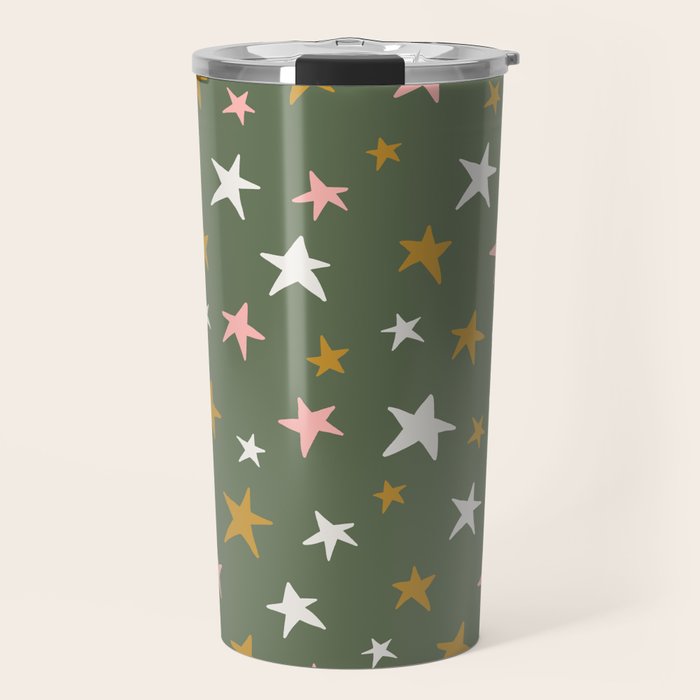 Stars Gold Cream Pink On Muted Green Travel Mug Gallery Image 1