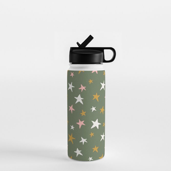 Stars Gold Cream Pink On Muted Green Water Bottle Gallery Image 1