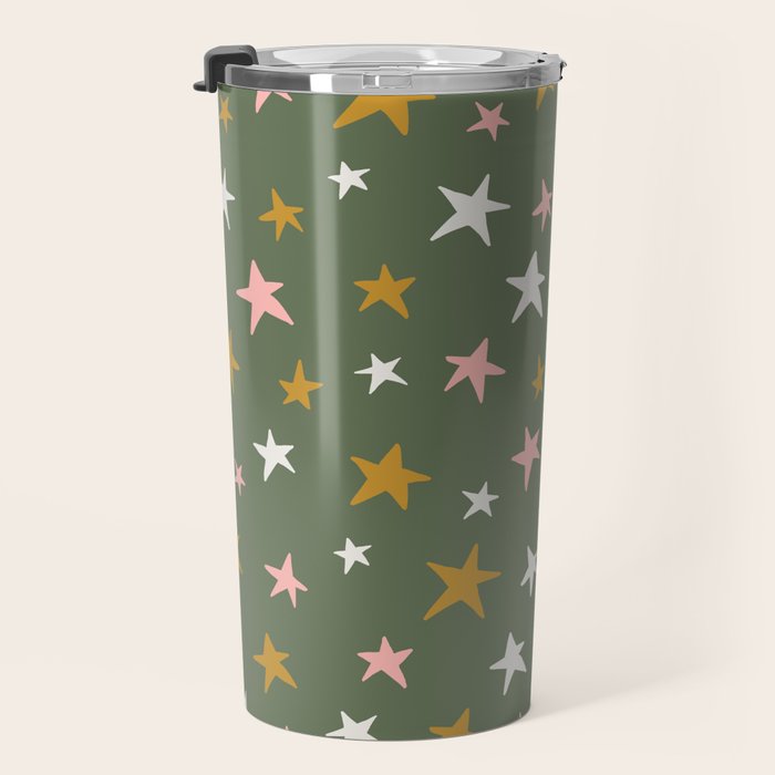 Stars Gold Cream Pink On Muted Green Travel Mug Gallery Image 3