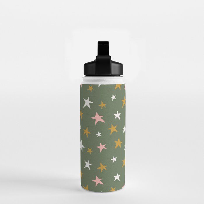 Stars Gold Cream Pink On Muted Green Water Bottle Gallery Image 2