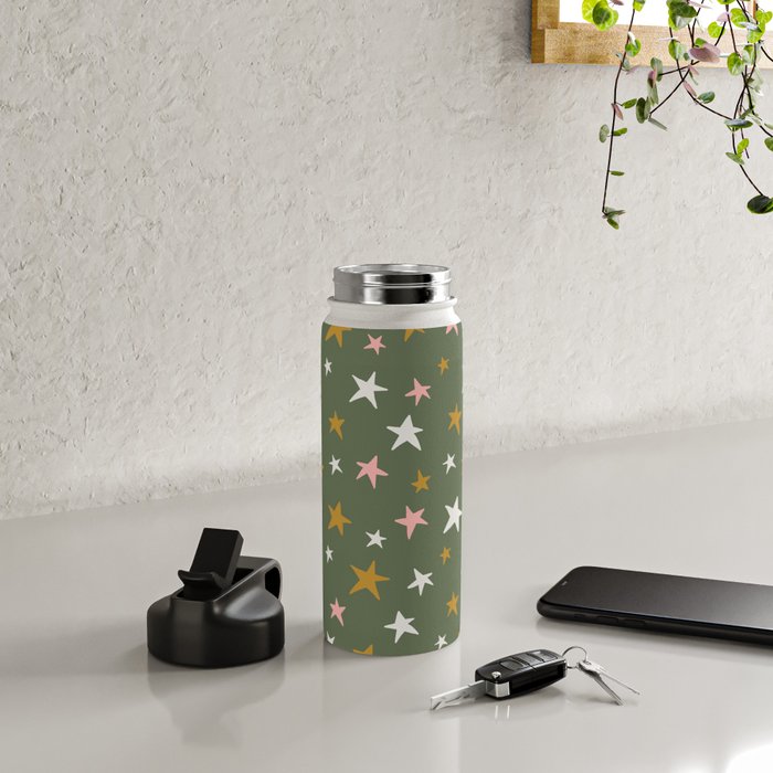 Stars Gold Cream Pink On Muted Green Water Bottle Gallery Image 4