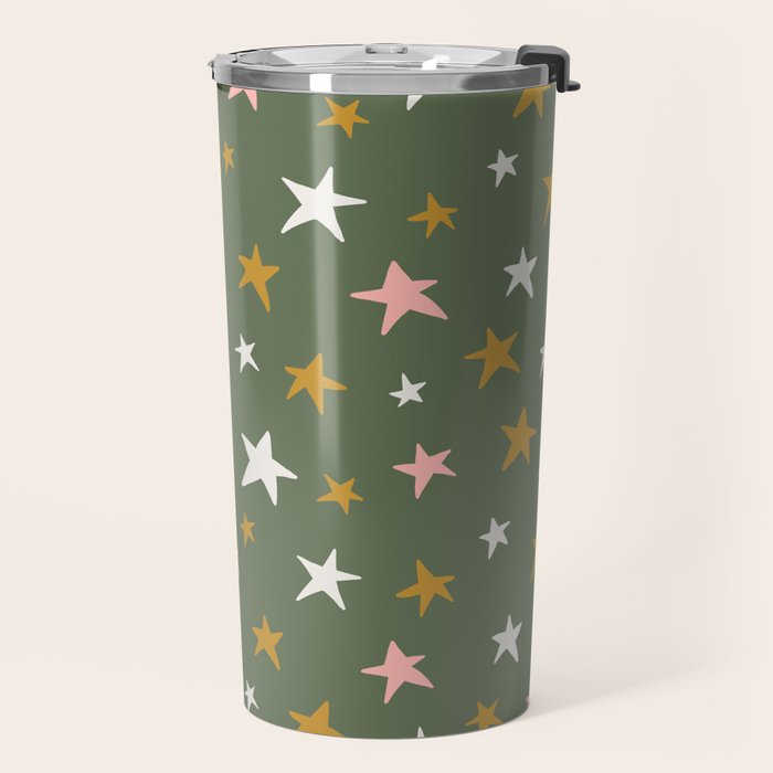 Stars Gold Cream Pink On Muted Green Travel Mug Gallery Image 2
