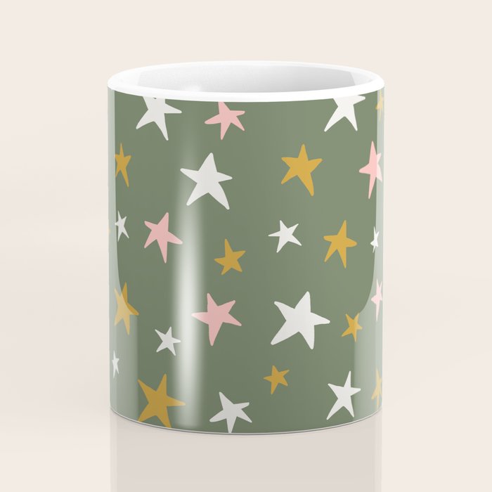 Stars Gold Cream Pink On Muted Green Coffee Mug Gallery Image 4