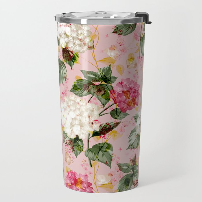 Vintage green pink white bohemian hortensia flowers Travel Mug Gallery Image 2