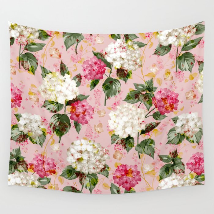 Vintage green pink white bohemian hortensia flowers Wall Tapestry Gallery Image 1